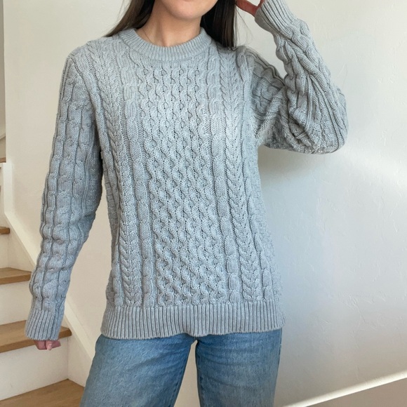 Vintage L.L. Bean Grey Chunky Fisherman Cable Knit Oversized Preppy Crew Sweater - Picture 2 of 8